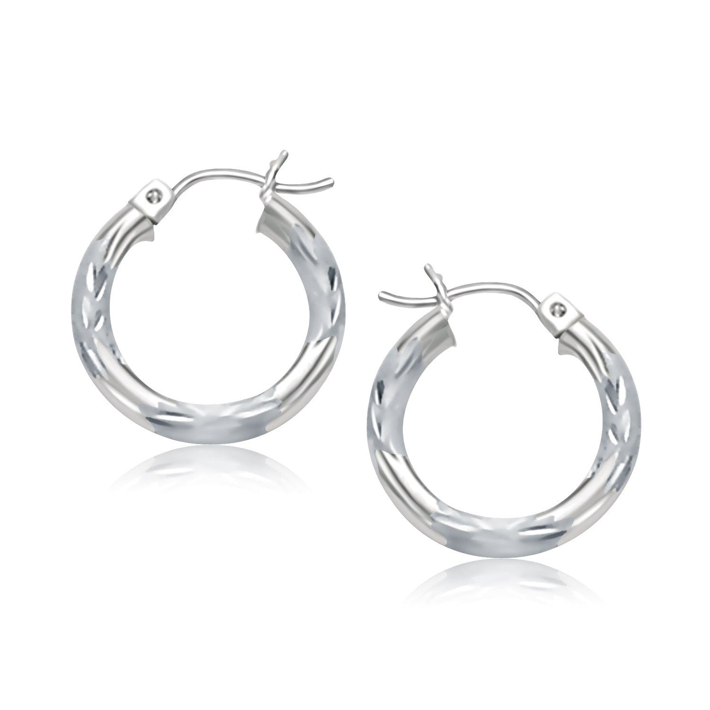 14K White Gold Hoop Earrings With Diamond Cuts (15Mm)