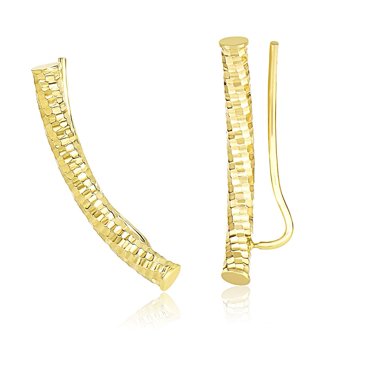 14K Yellow Gold Curved Tube Earrings With Diamond Cuts