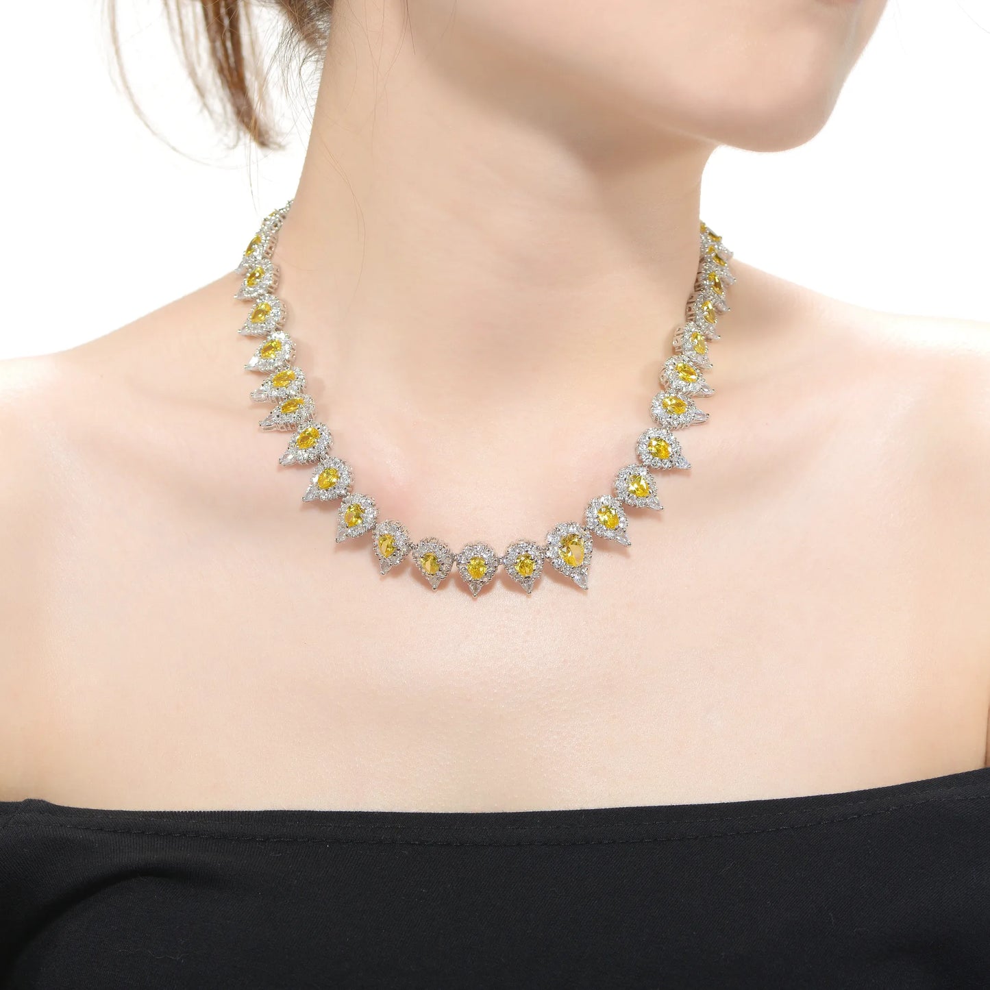 Collette Z Sterling Silver with Rhodium Plated Yellow Pear with Clear Round and Pear Cubic Zirconia Halo Tennis Necklace