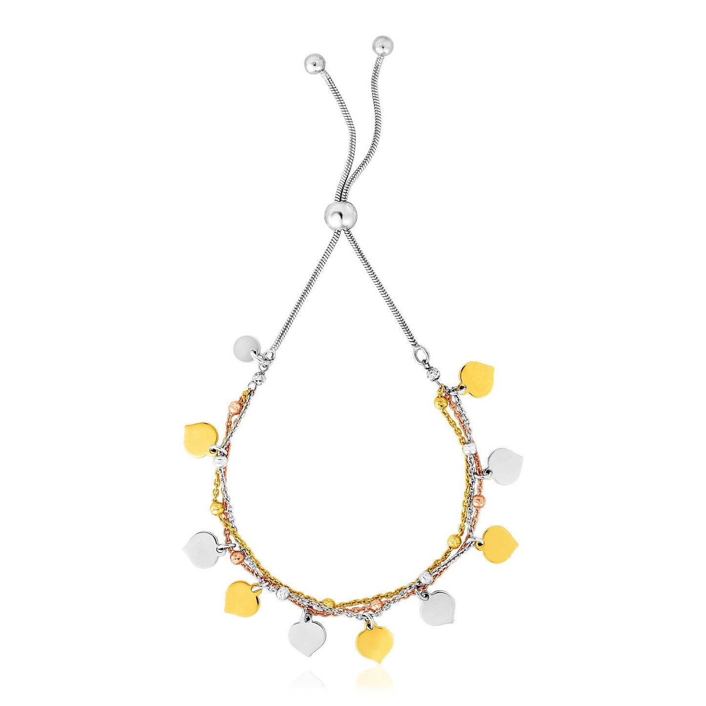 Sterling Silver Adjustable Three Toned Friendship Bracelet With Polished Hearts