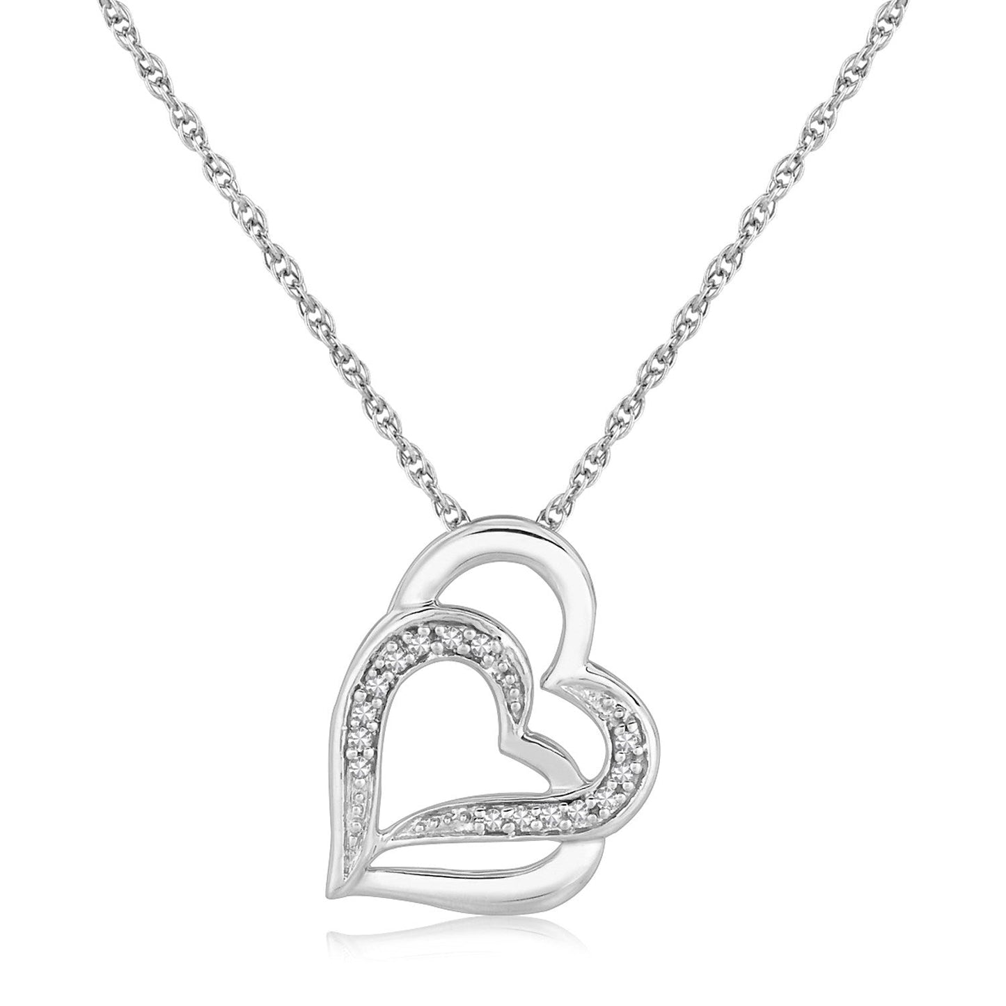 Sterling Silver Dual Heart Motif Pendant With Diamonds (.06 Cttw)