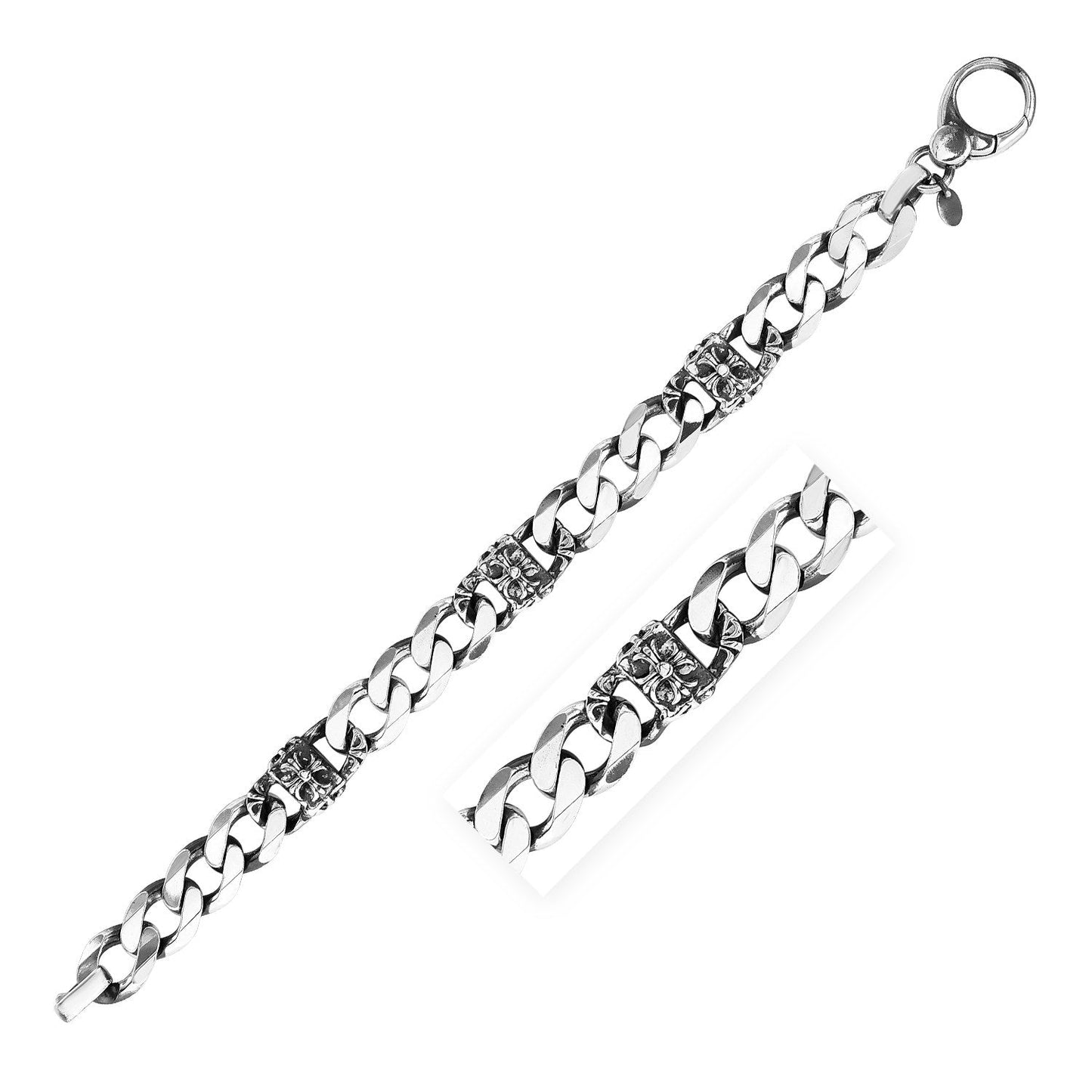 Sterling Silver Gunmetal Finish Cuban Link Bracelet With Floral Design