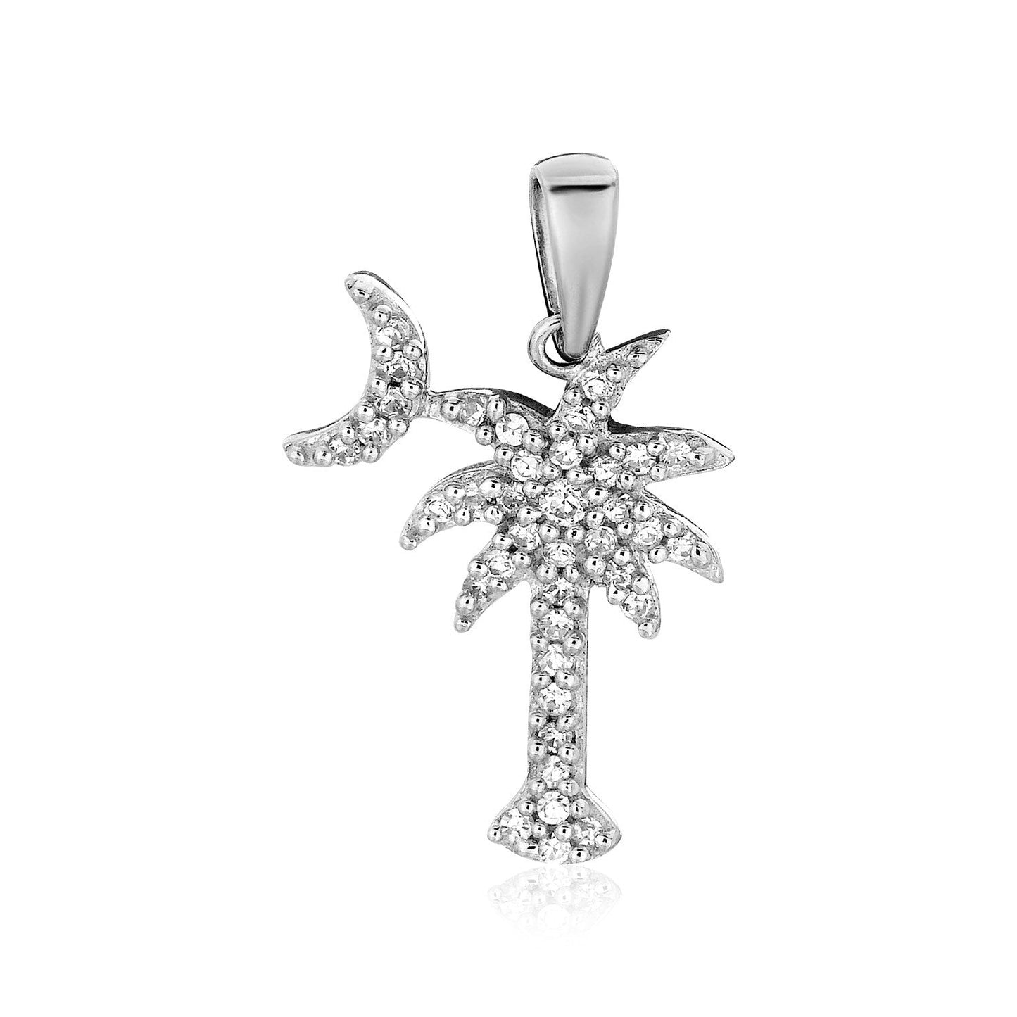 Sterling Silver Palm Tree And Crescent Moon Pendant With Cubic Zirconias