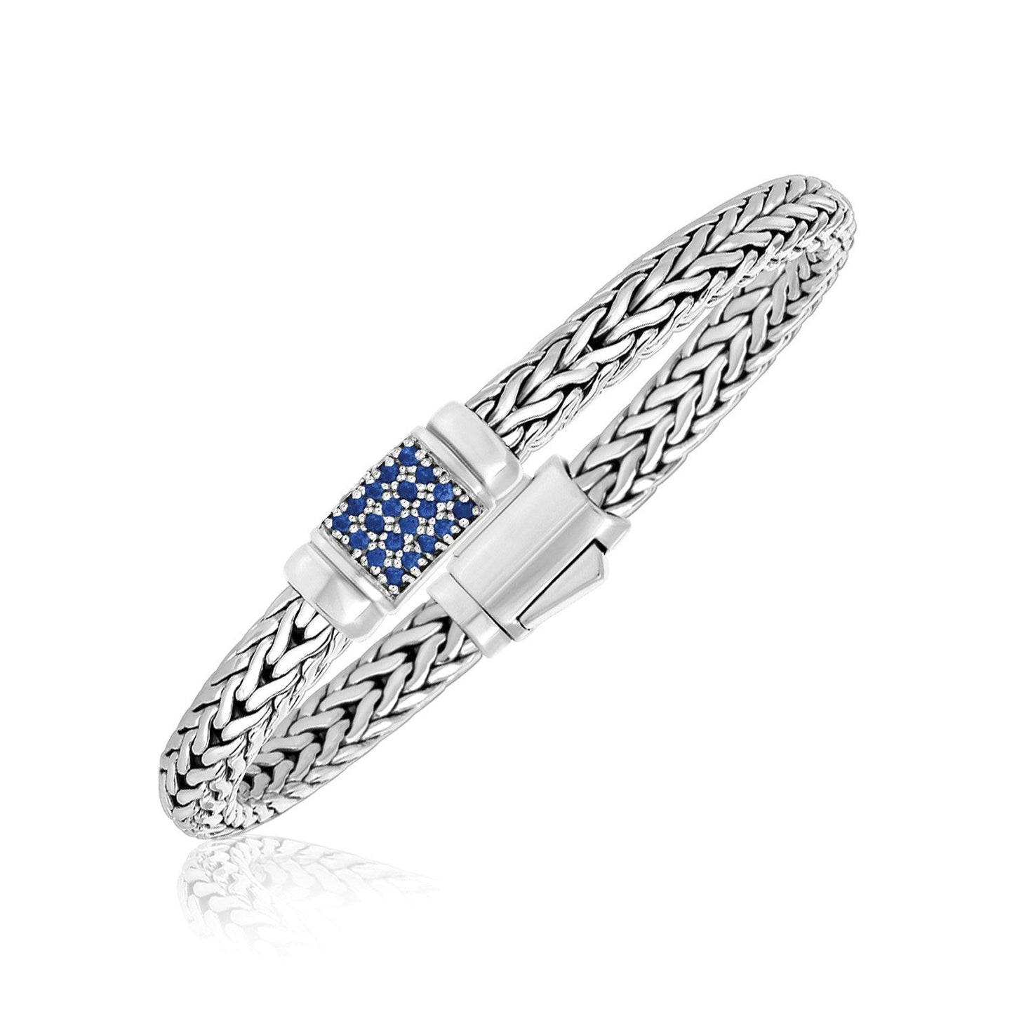 Sterling Silver Weave Motif Bracelet With Blue Sapphire Embellishments