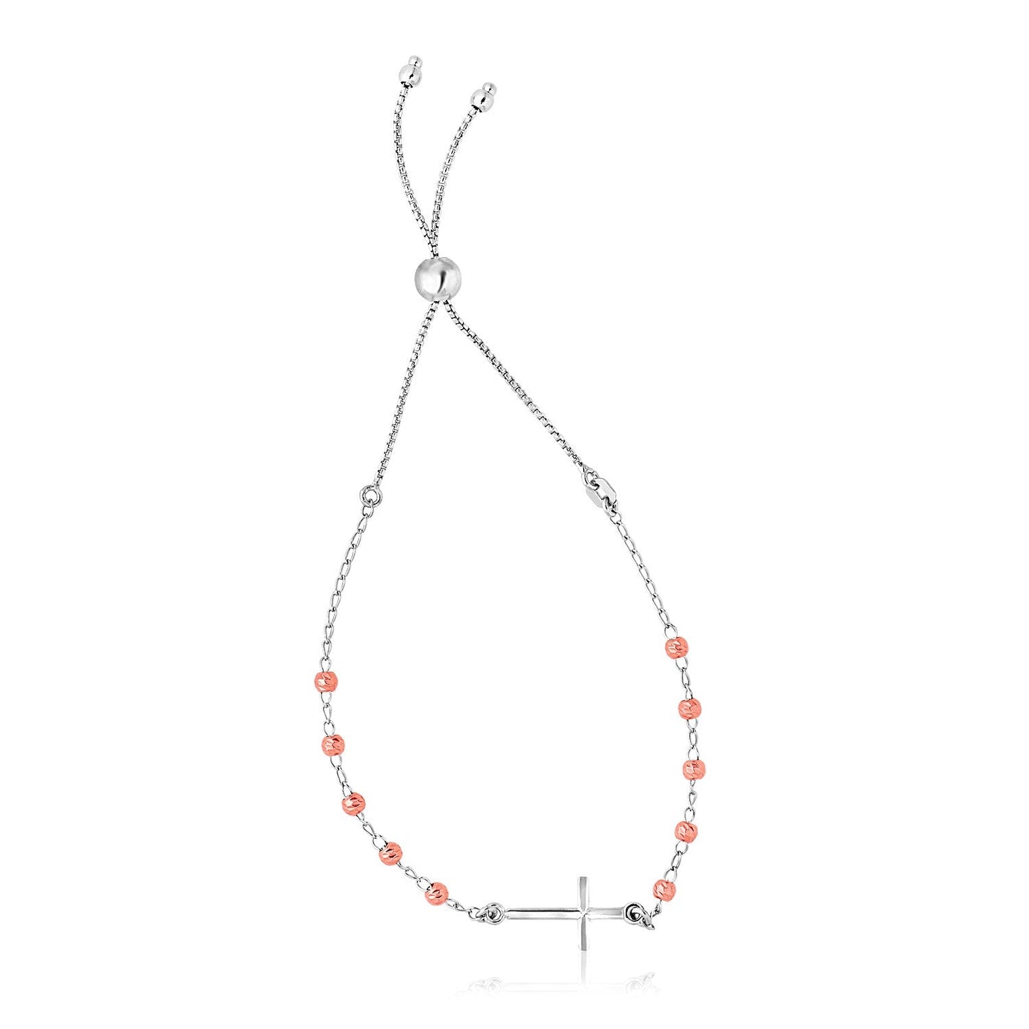 Sterling Silver White And Rose Finish Adjustable Bracelet With Cross