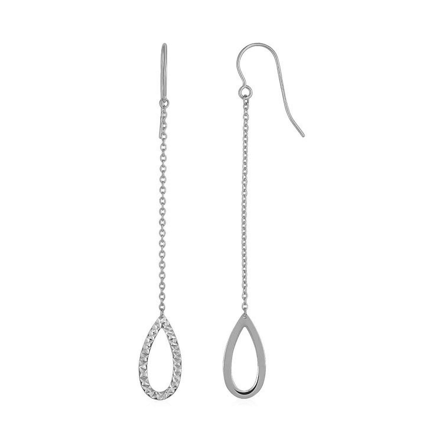 Textured Pear Shaped Long Drop Earrings In 14K White Gold
