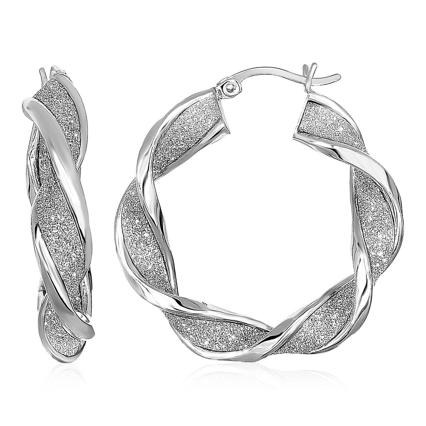Twisted Glitter Textured Hoop Earrings In Sterling Silver