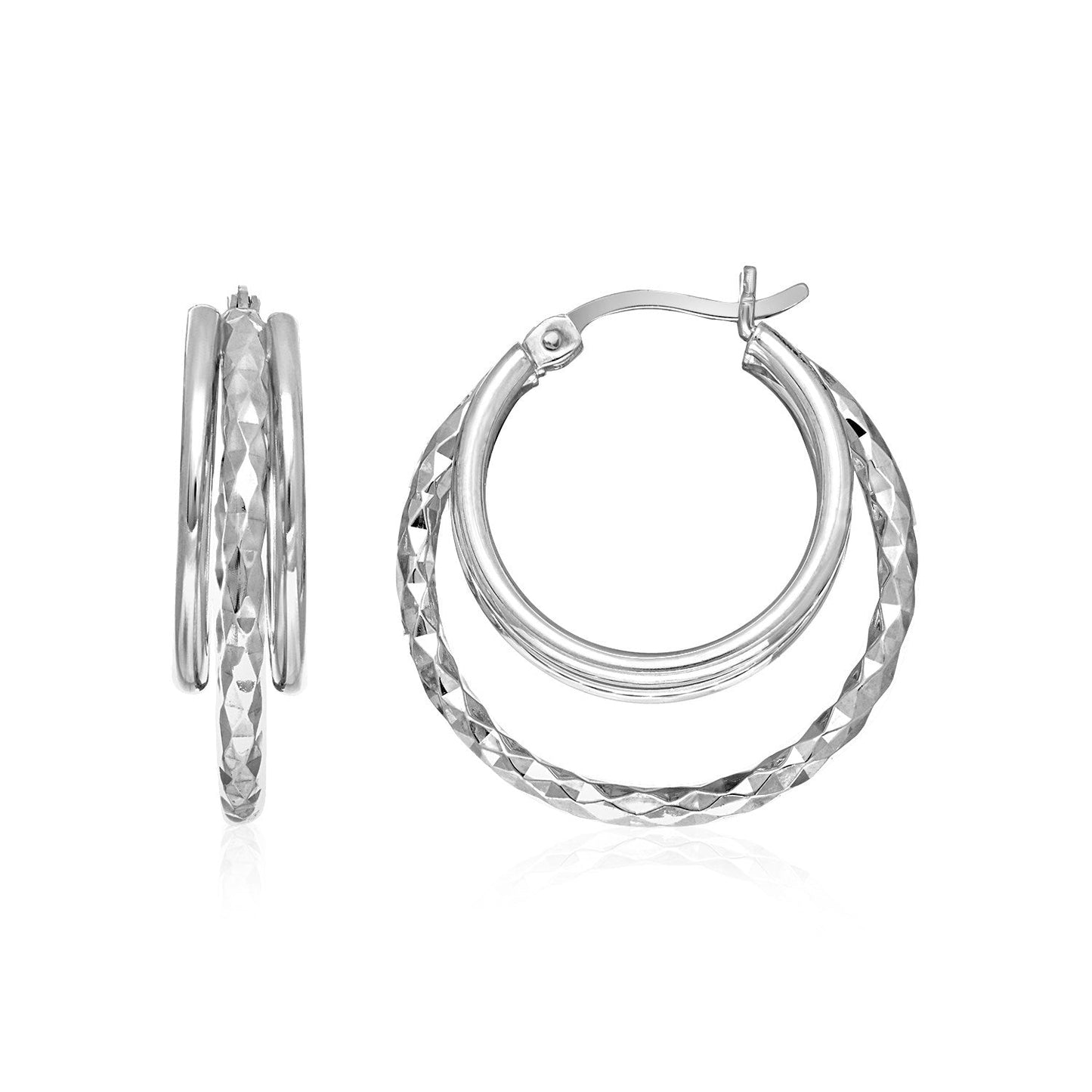 Two-Part Graduated Polished And Textured Hoop Earrings In Sterling Silver
