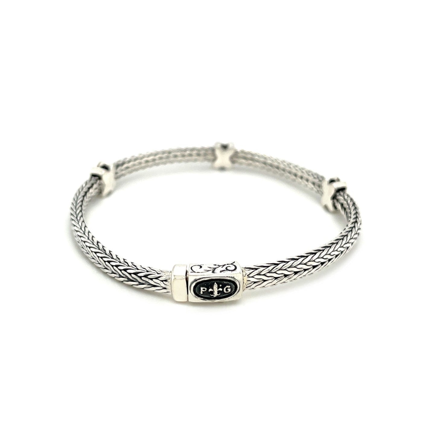 Woven Rope Bracelet With Black Sapphire X Accents In Sterling Silver