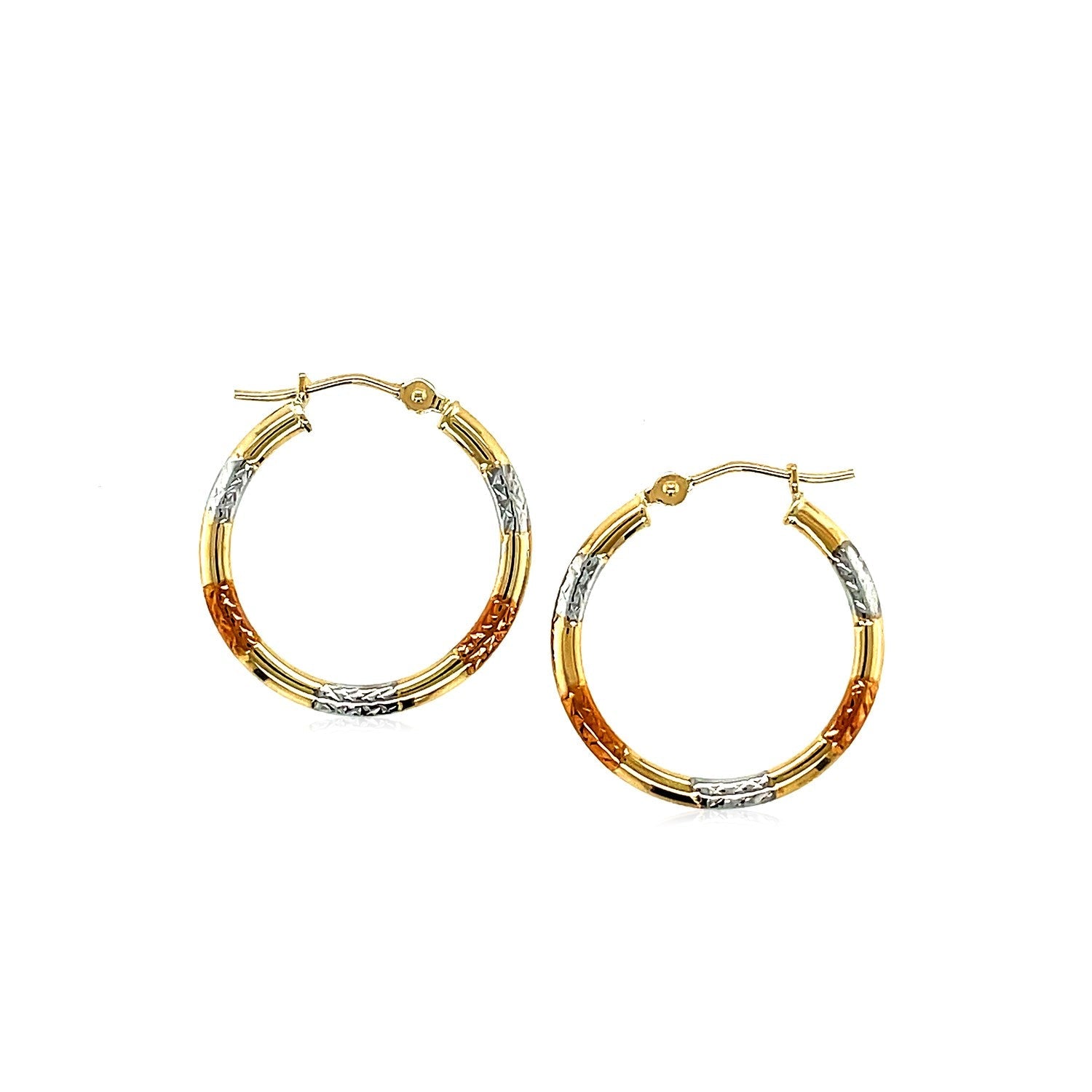 10K Tri-Color Gold Classic Hoop Earrings With Diamond Cut Details