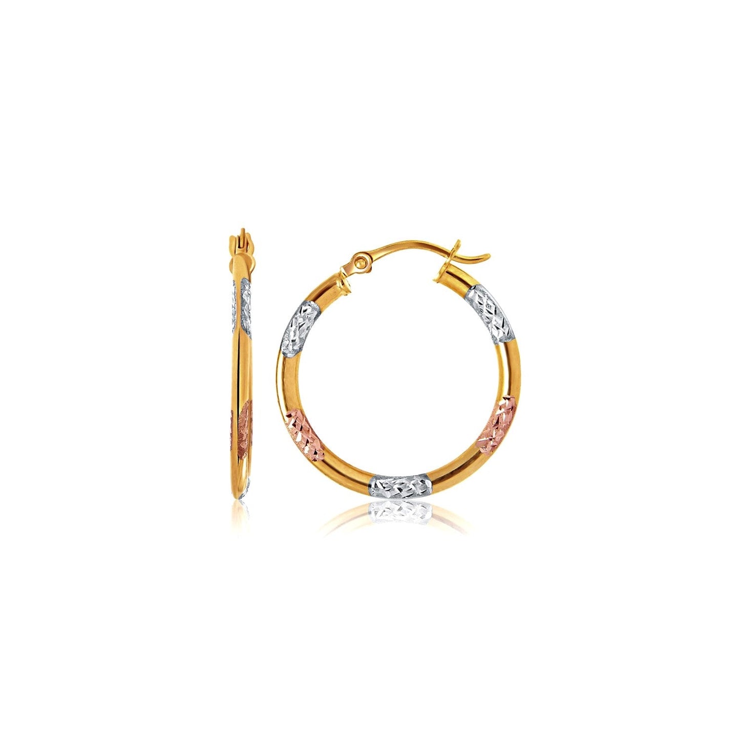 10K Tri-Color Gold Classic Hoop Earrings With Diamond Cut Details
