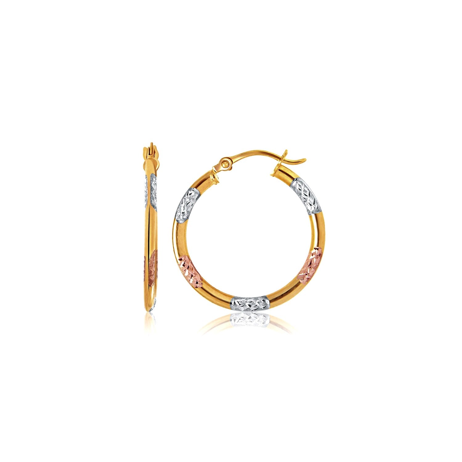 10K Tri-Color Gold Classic Hoop Earrings With Diamond Cut Details