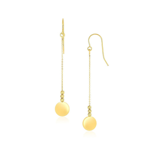10K Yellow Gold Bead And Shiny Disc Drop Earrings