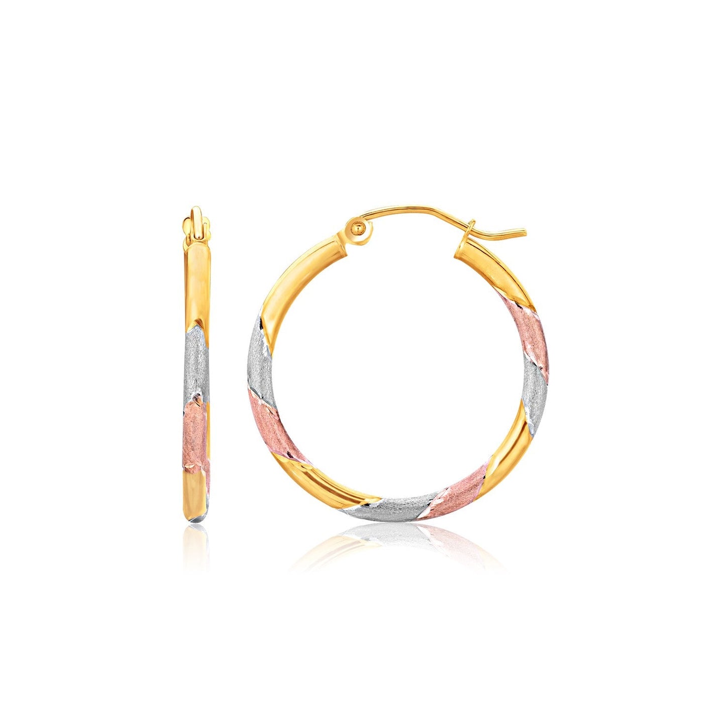 14K Tri-Color Textured Hoop Earrings (1Inch Diameter)