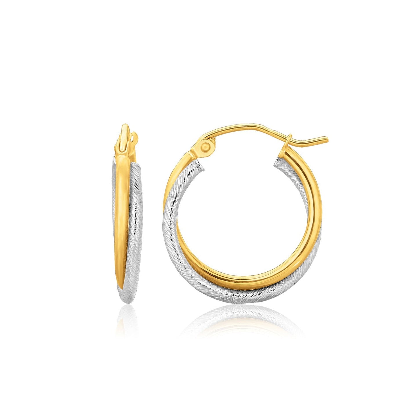 14K Two Tone Gold Double Polished And Textured Hoop Earrings