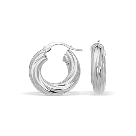 14K White Gold Fancy Twist Hoop Earrings (7/8 Inch Diameter)