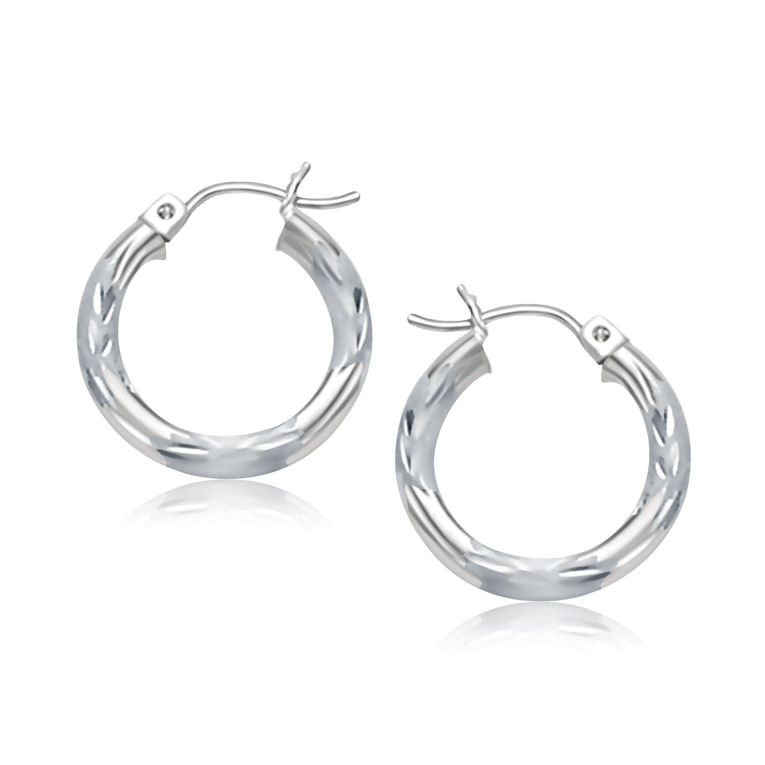 14K White Gold Hoop Earrings With Diamond Cuts (15Mm)