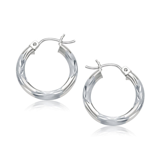 14K White Gold Hoop Earrings With Diamond Cuts (15Mm)