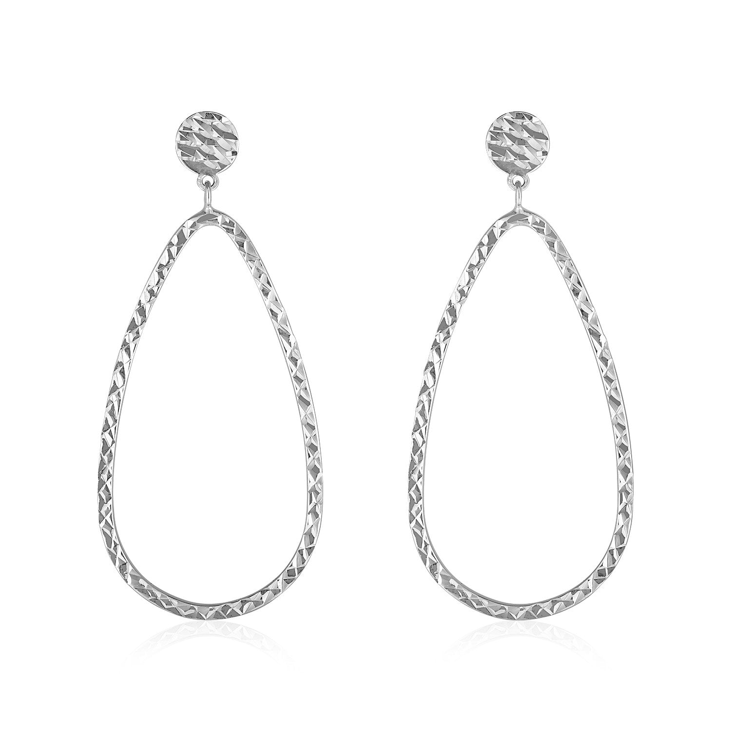 14K White Gold Textured Teardrop Motif Post Earrings