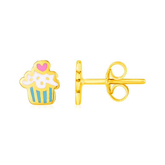 14K Yellow Gold And Enamel Cupcake Stud Earrings
