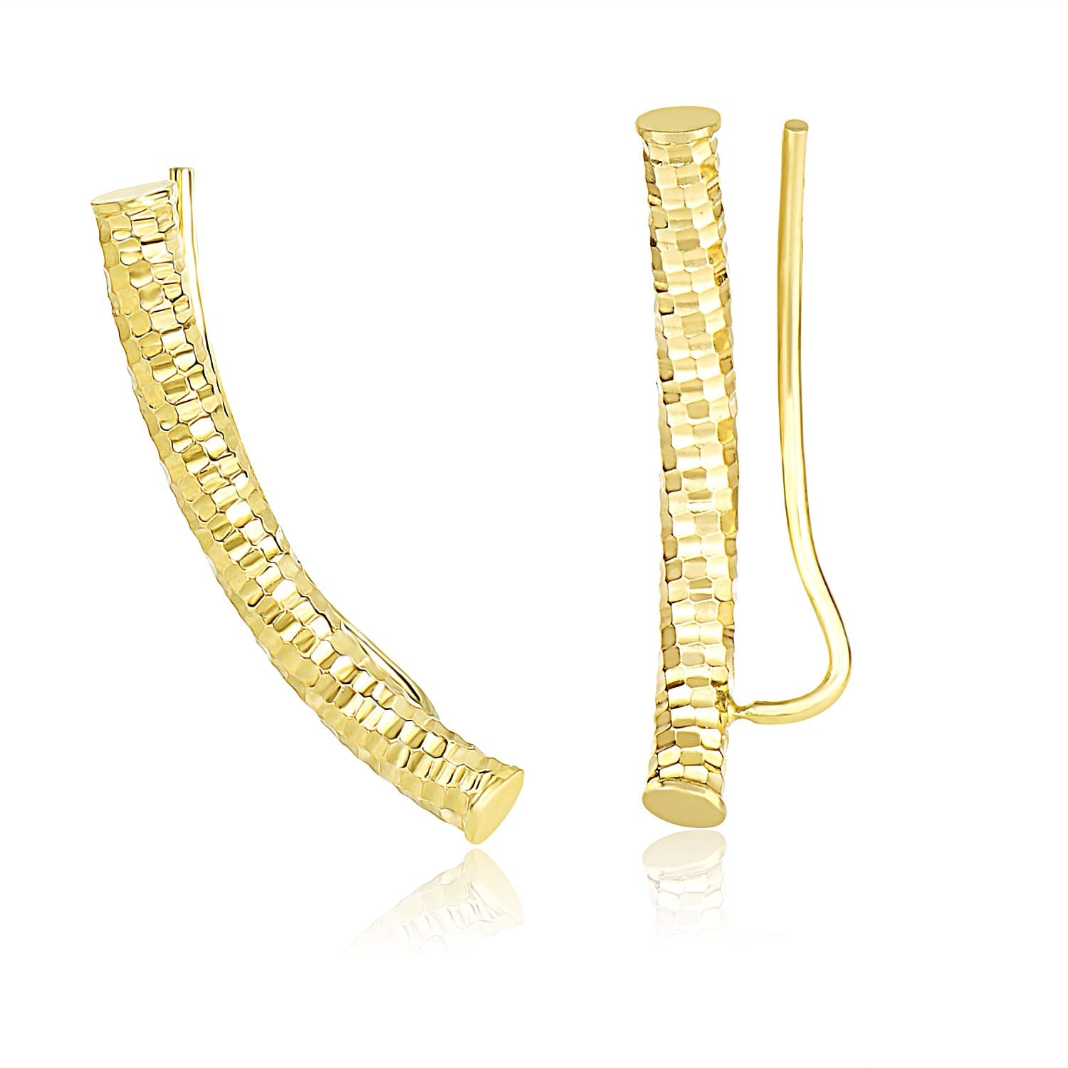 14K Yellow Gold Curved Tube Earrings With Diamond Cuts