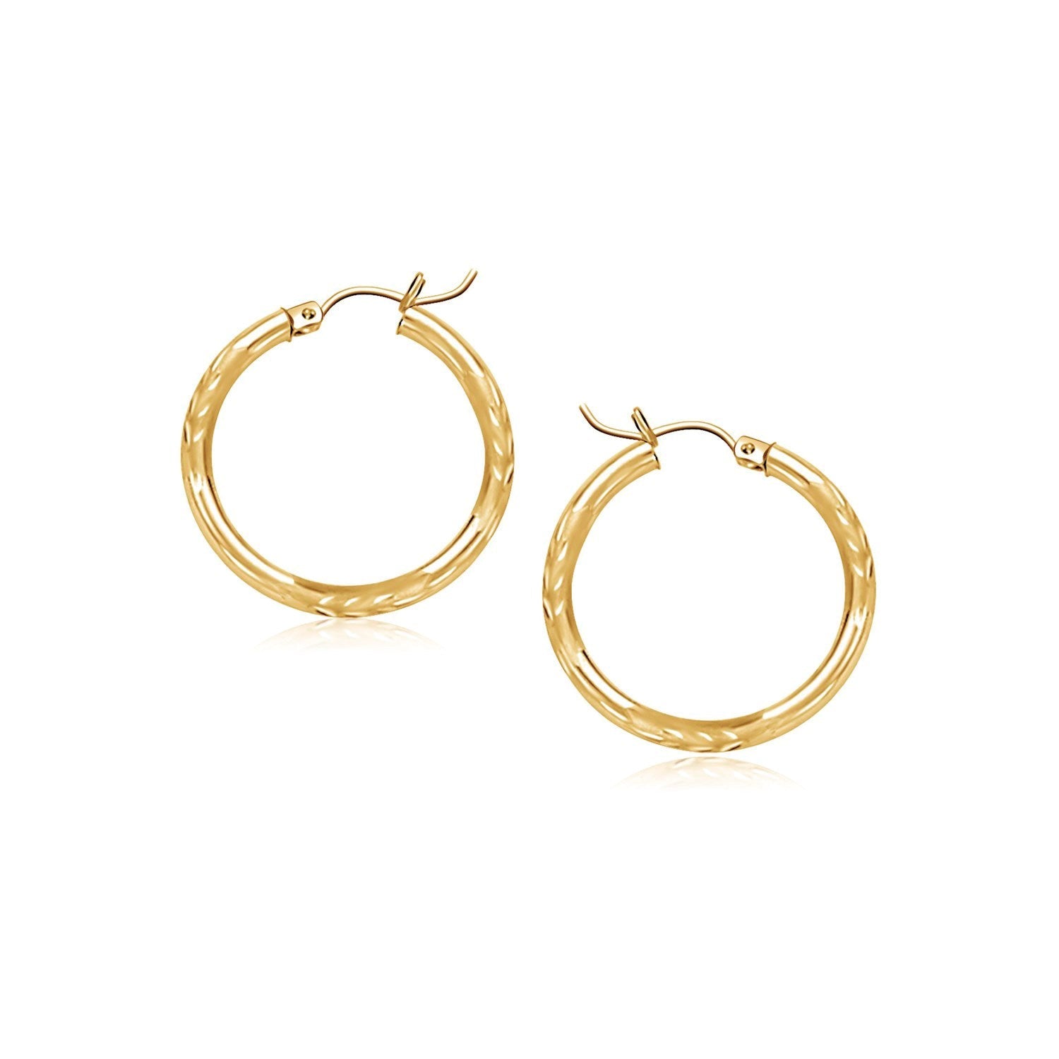 14K Yellow Gold Fancy Diamond Cut Slender Small Hoop Earrings (15Mm Diameter)