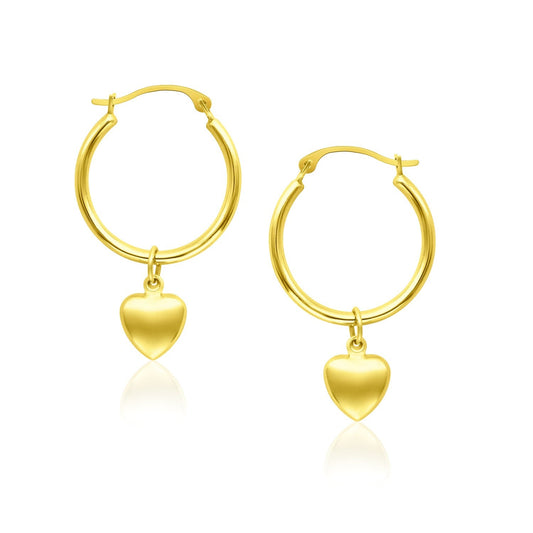 14K Yellow Gold Hoop Earrings With Dangling Puffed Heart