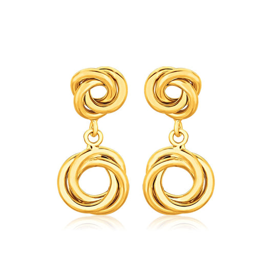 14K Yellow Gold Love Knot Stud Earrings With Drops
