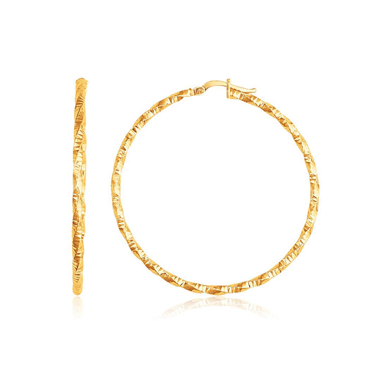 14K Yellow Gold Patterned Hoop Earrings With Twist Design
