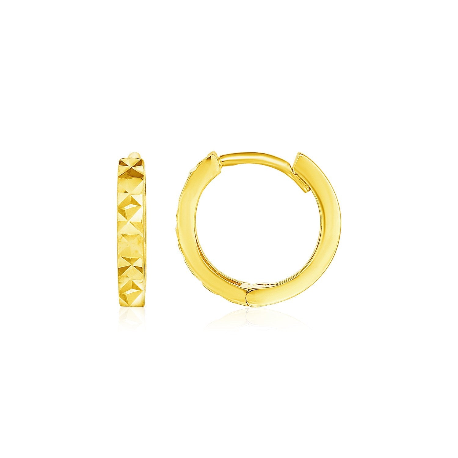 14K Yellow Gold Petite Round Hoop Earrings With Geometric Texture