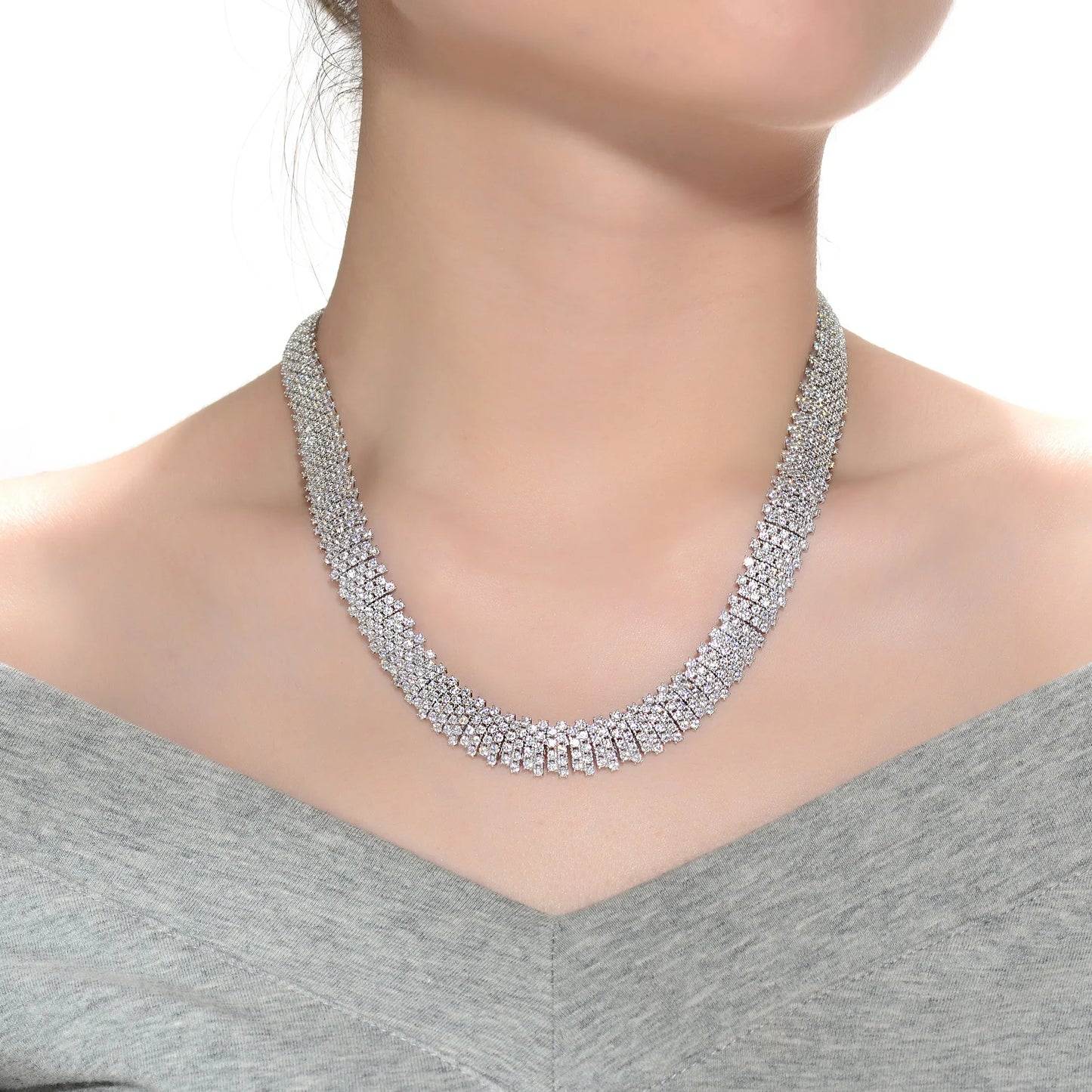 Collette Z Sterling Silver with Rhodium Plated Clear Round Cubic Zirconia Linear Pave Necklace