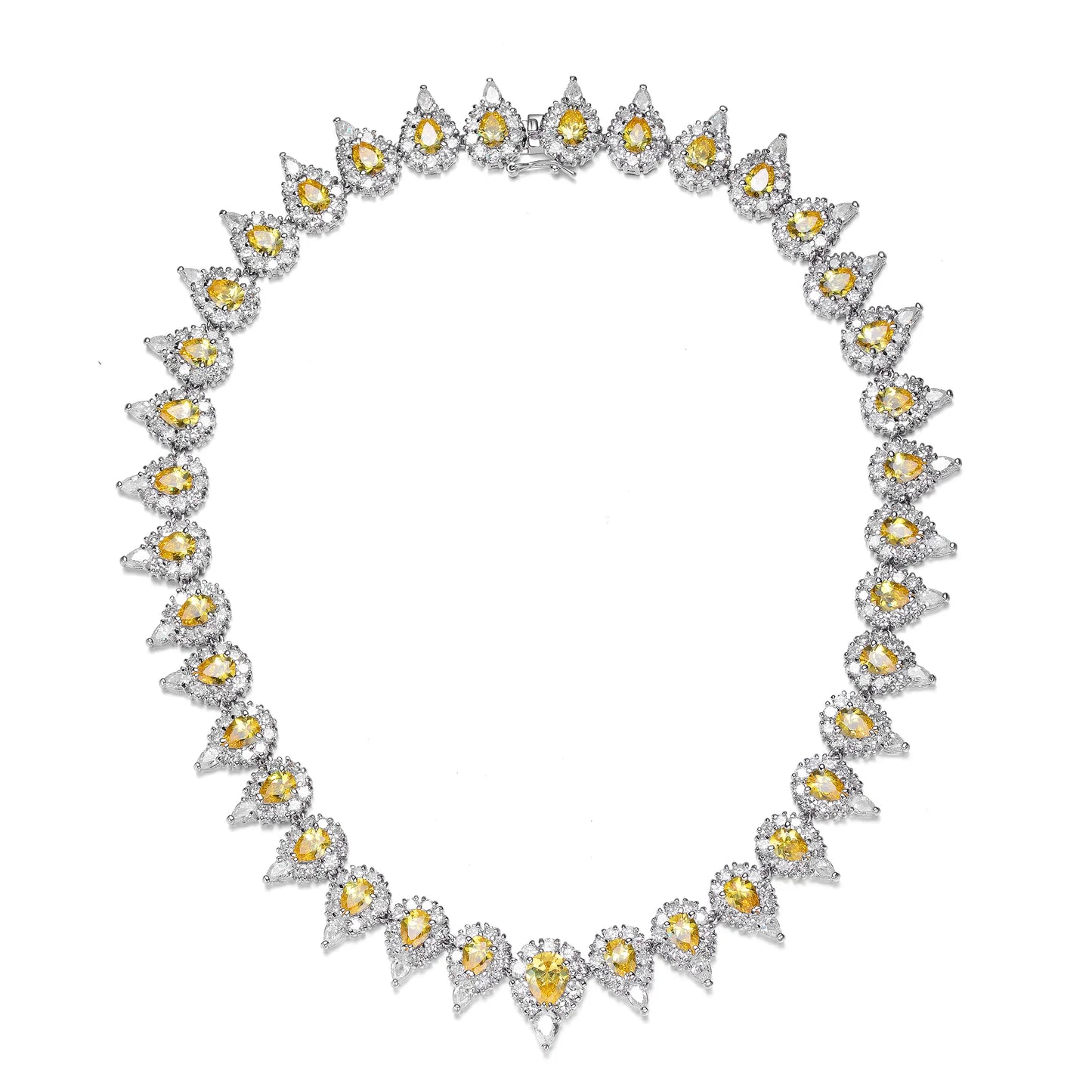 Collette Z Sterling Silver with Rhodium Plated Yellow Pear with Clear Round and Pear Cubic Zirconia Halo Tennis Necklace