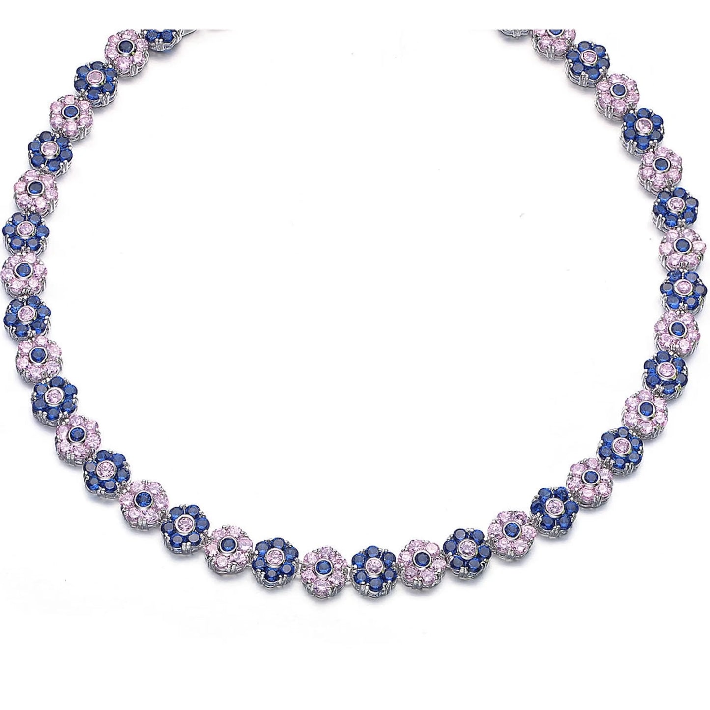 Collette Z C.Z. Sterling Silver Rhodium Plated Sapphire And Blue Topaz Flower Shape Necklace