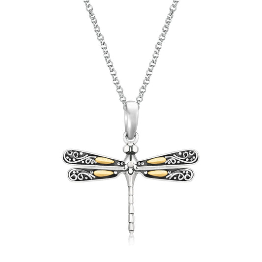 18K Yellow Gold And Sterling Silver Pendant In A Dragonfly Design
