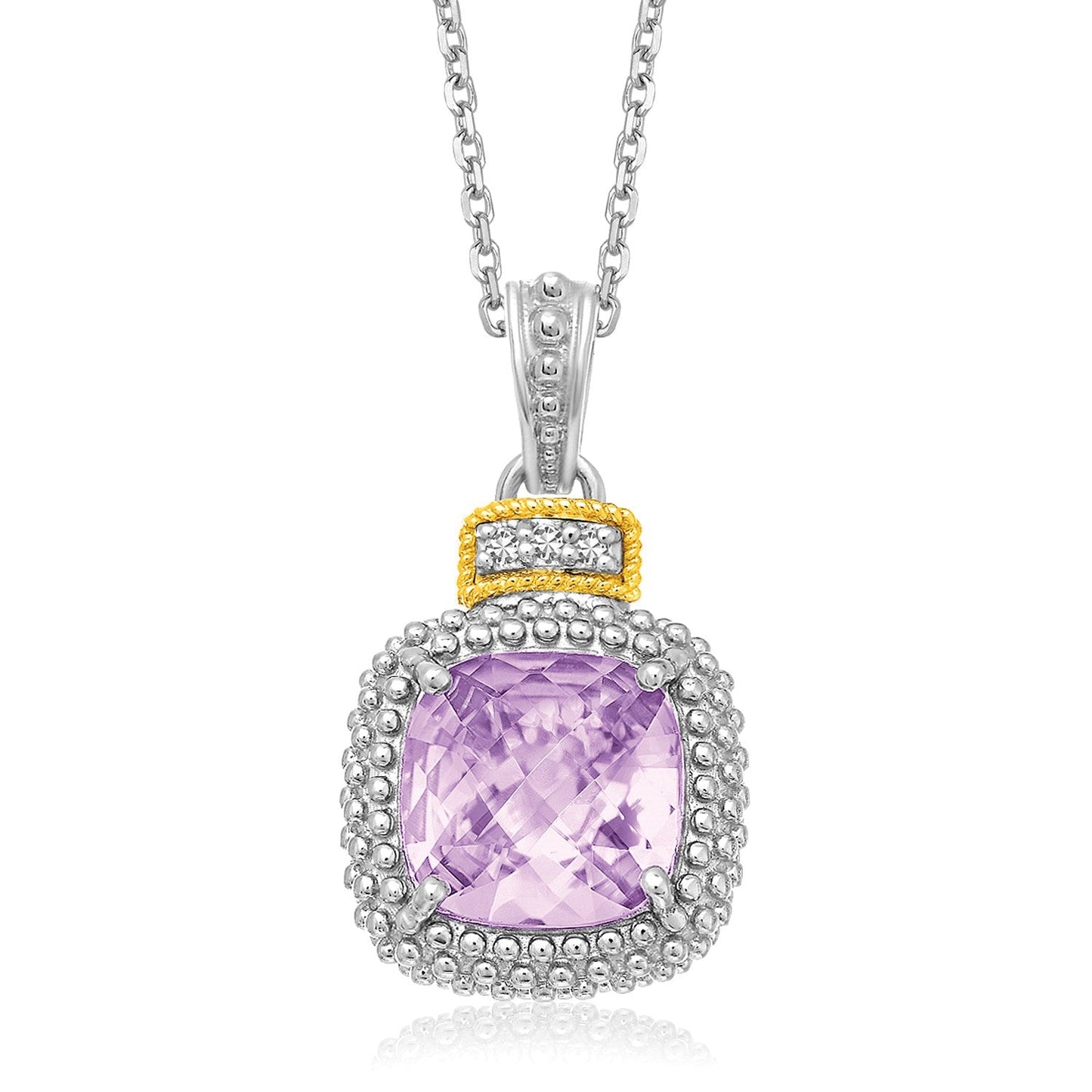 18K Yellow Gold & Sterling Silver Cushion Amethyst And Diamond Pendant