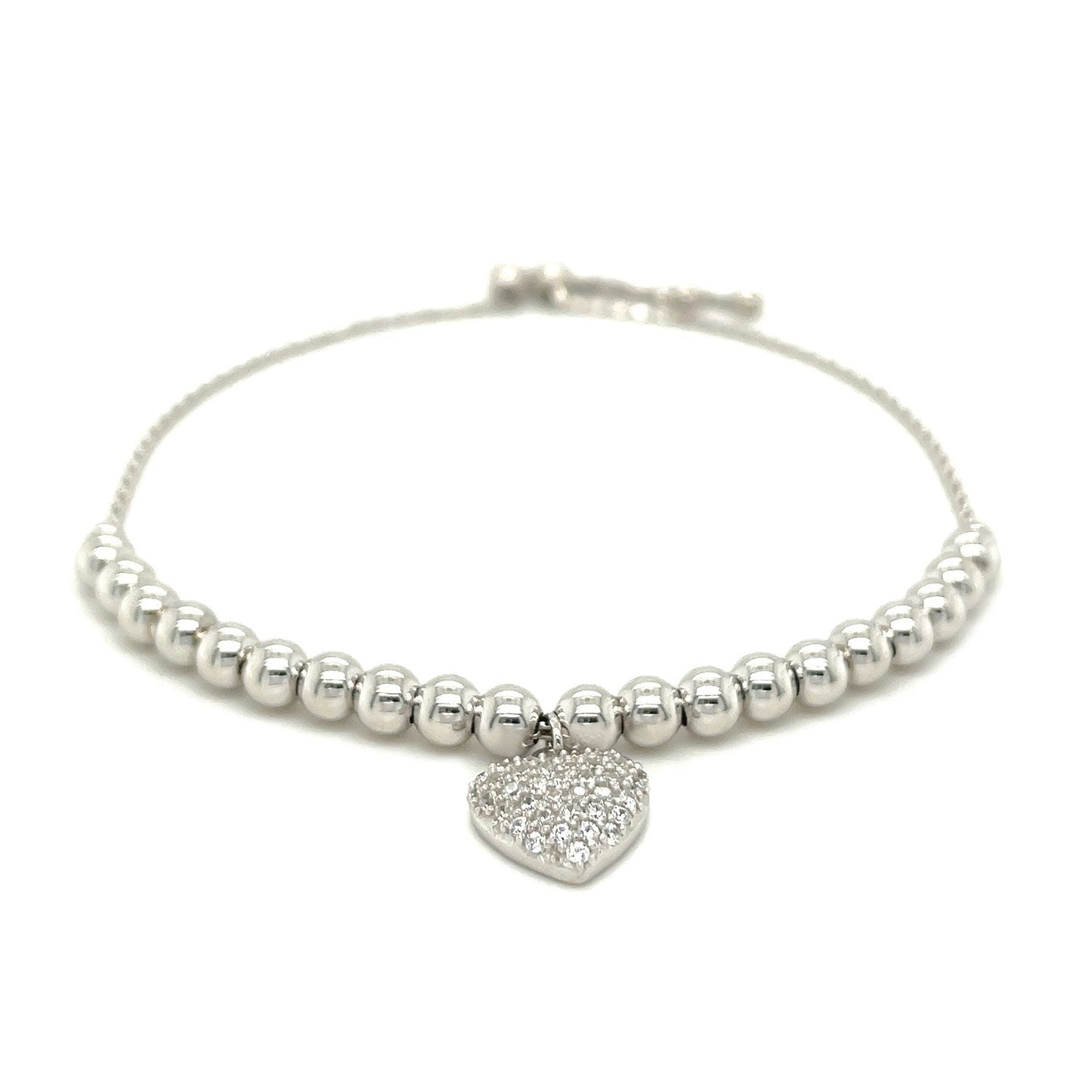 Adjustable Bead Bracelet With Round Charm And Cubic Zirconias In Sterling Silver