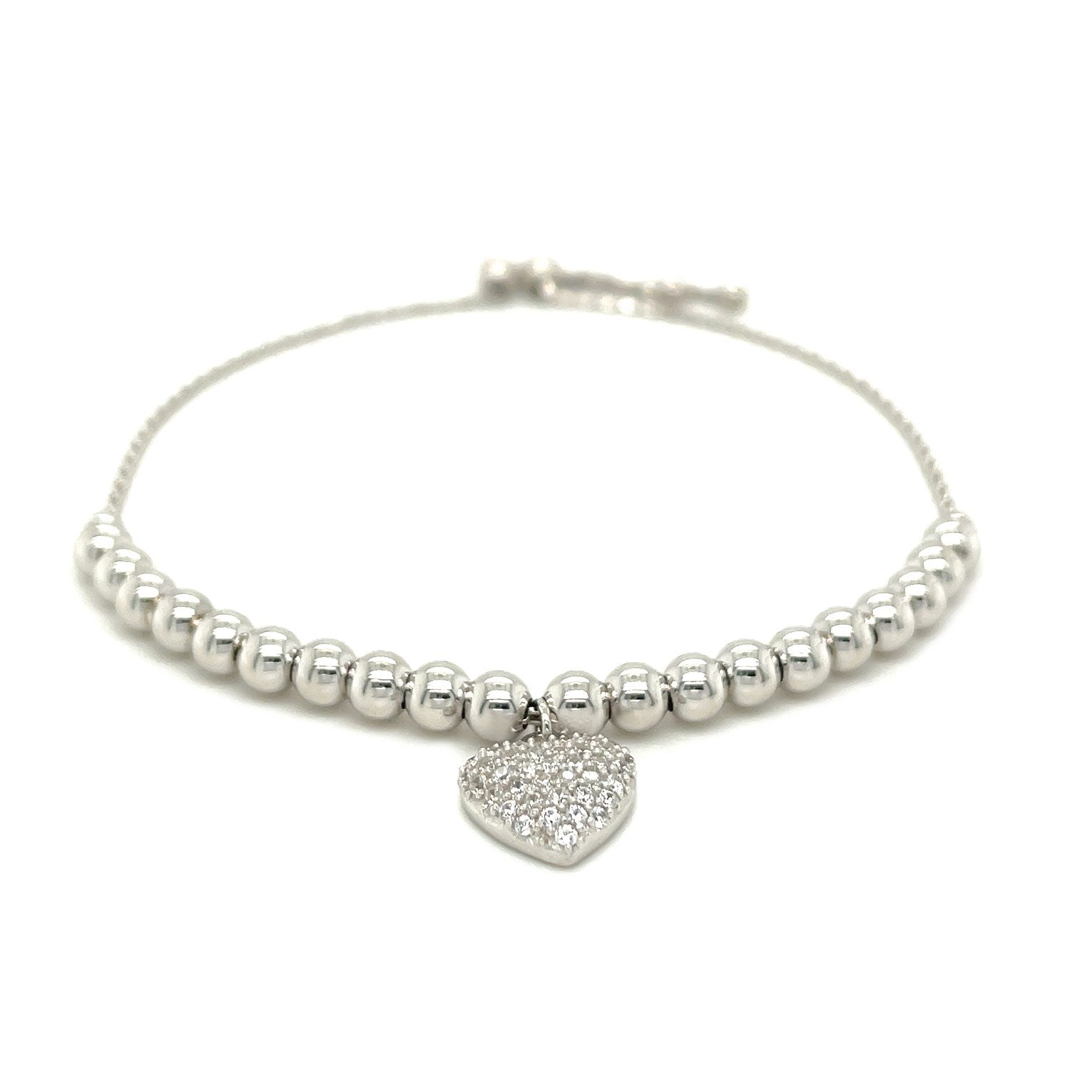 Adjustable Bead Bracelet With Round Charm And Cubic Zirconias In Sterling Silver