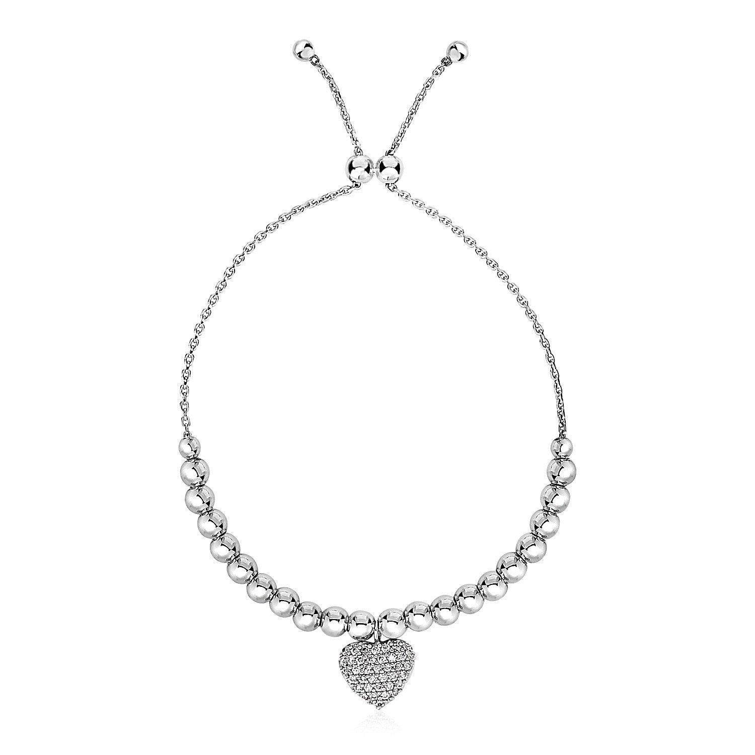 Adjustable Bead Bracelet With Round Charm And Cubic Zirconias In Sterling Silver