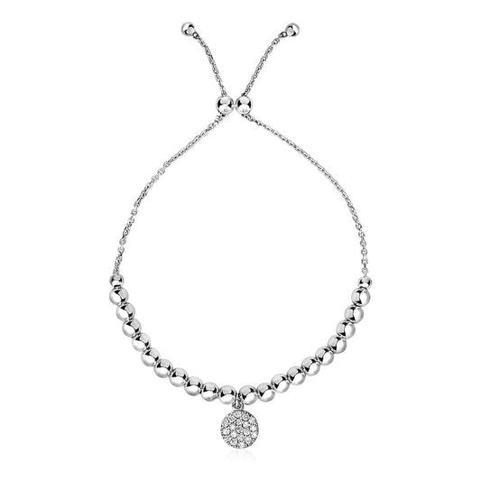 Adjustable Bead Bracelet With Round Charm And Cubic Zirconias In Sterling Silver