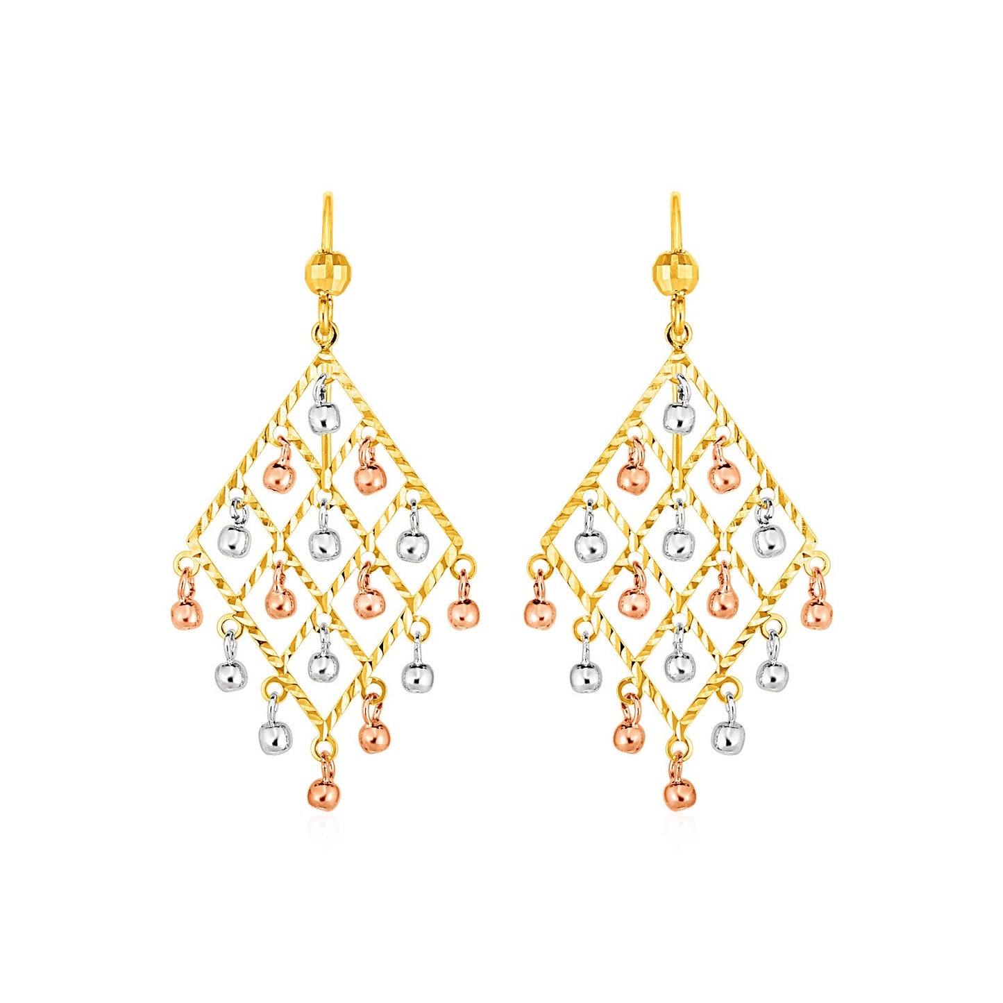 Textured Chandelier Earrings with Ball Drops in 14k Tri Color Gold