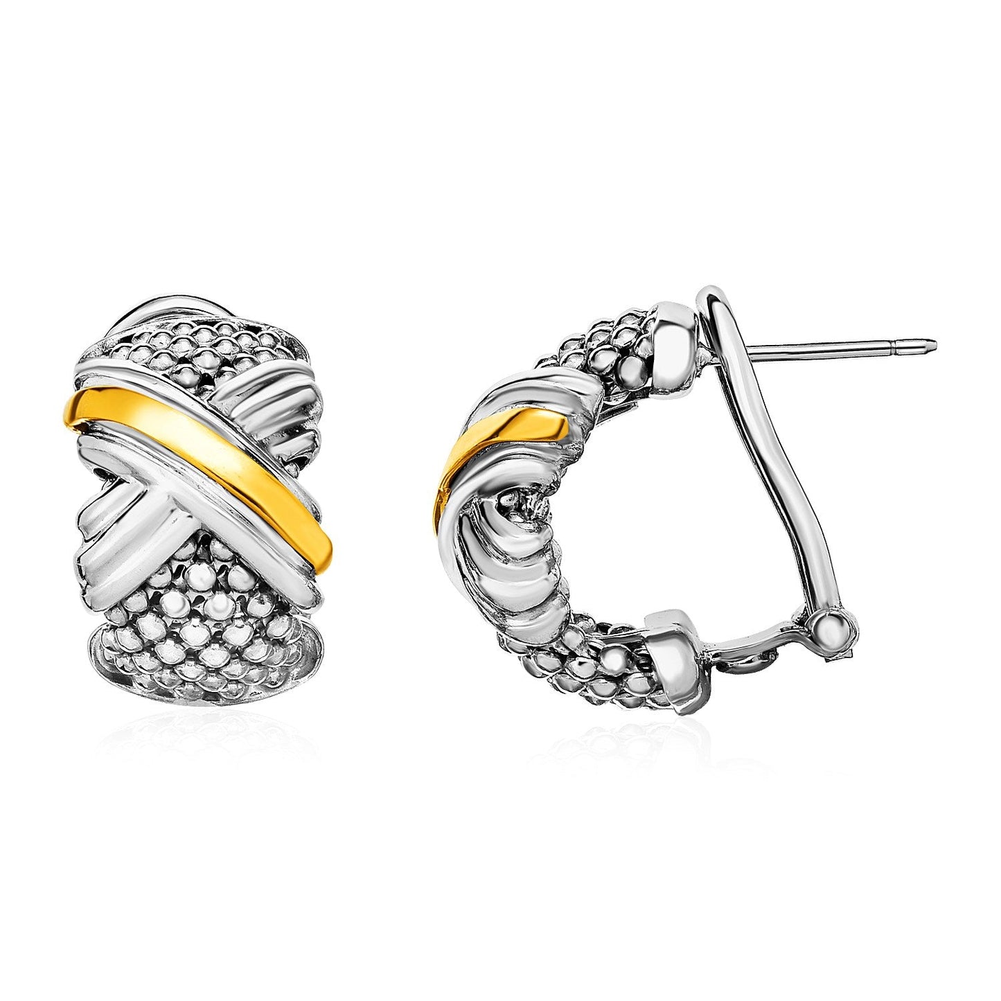 Popcorn Texture Earrings With X Motif In Sterling Silver And 18K Yellow Gold