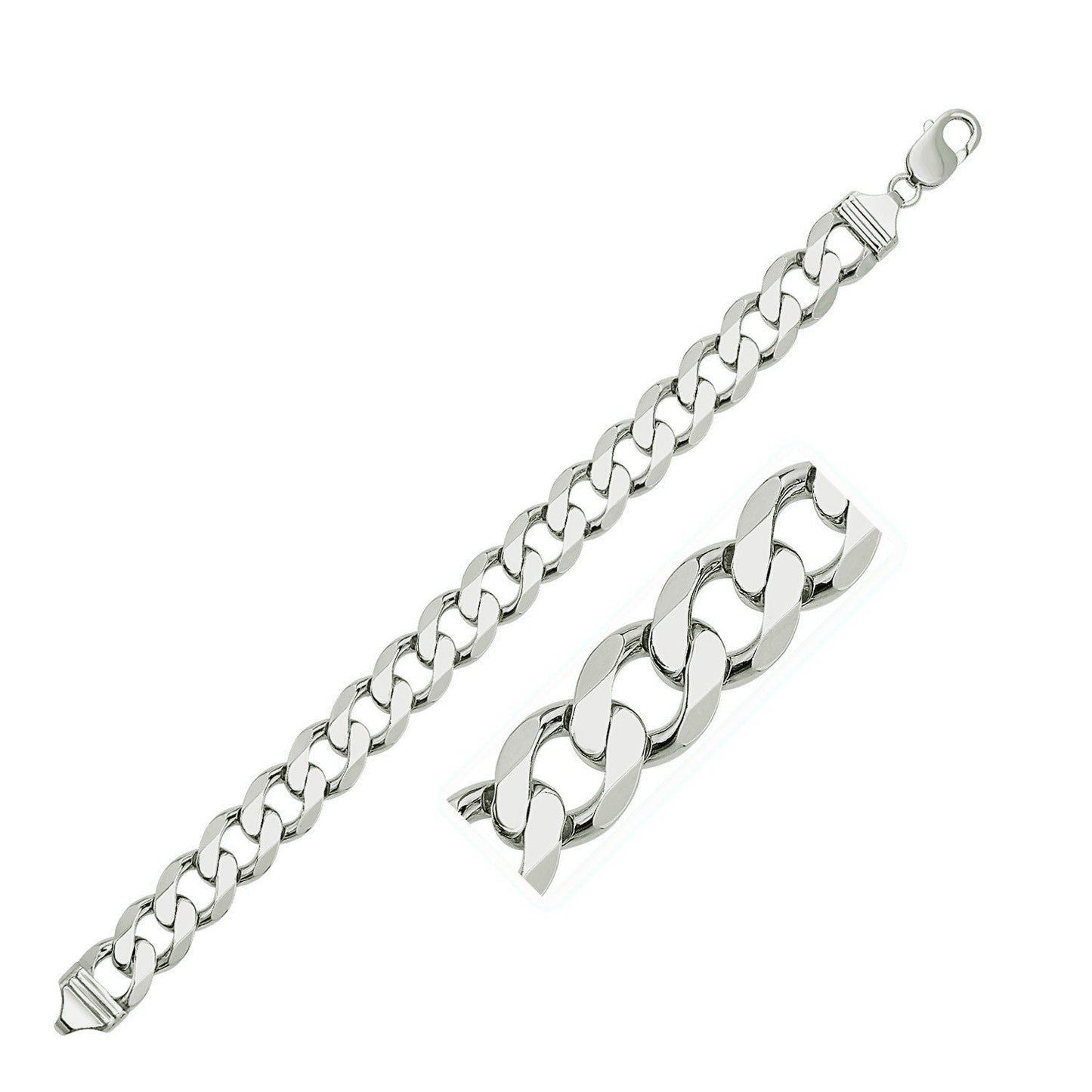Rhodium Plated 11.6Mm Sterling Silver Curb Style Bracelet