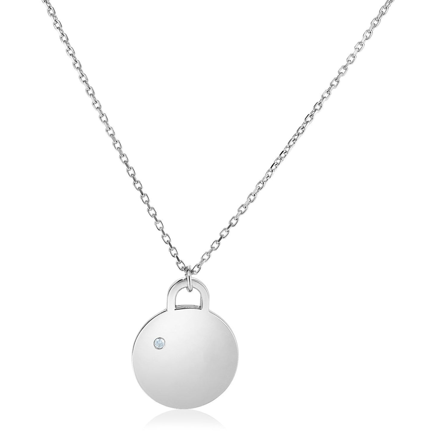 Sterling Silver 18 Inch Necklace With Polished Disc With Diamond