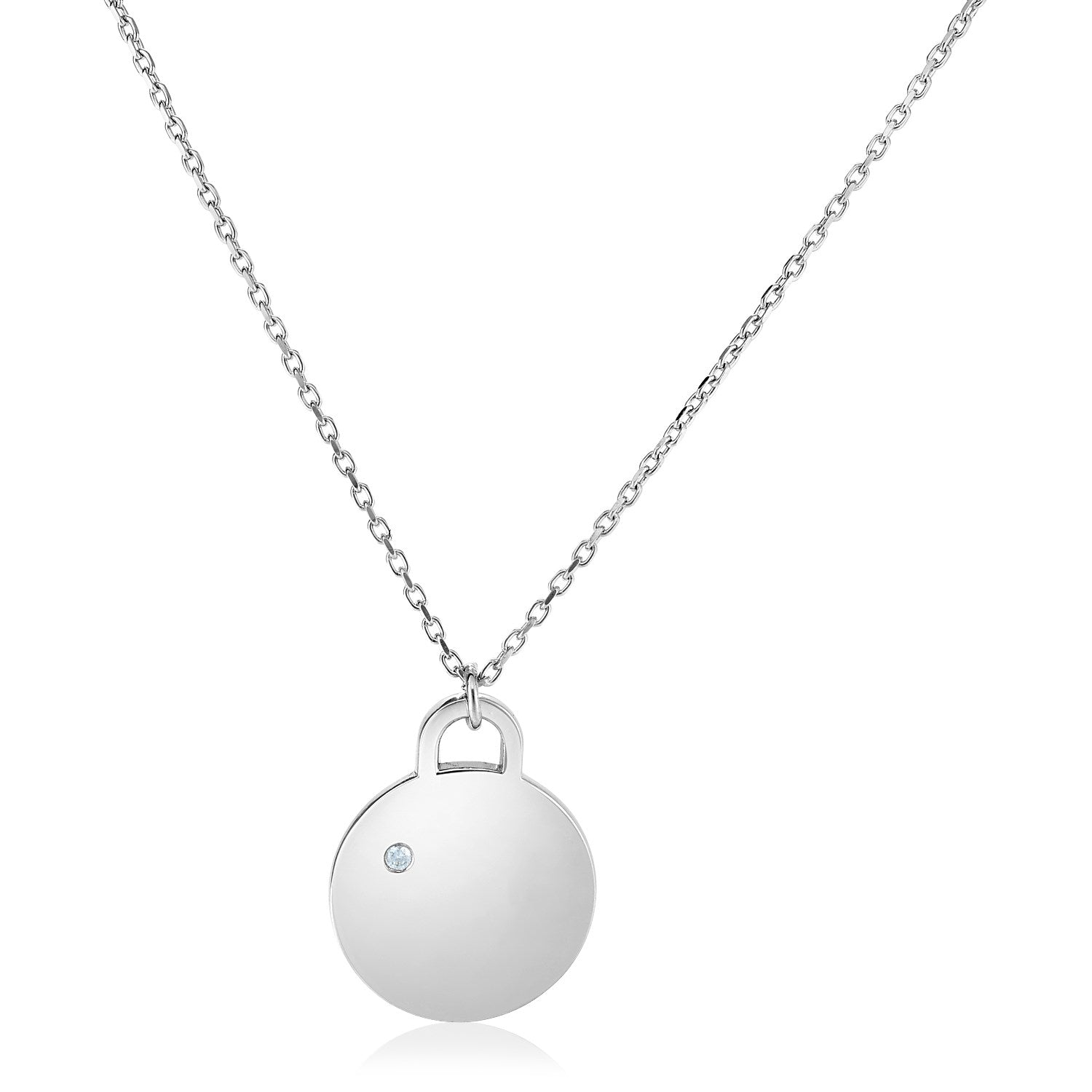 Sterling Silver 18 Inch Necklace With Polished Disc With Diamond