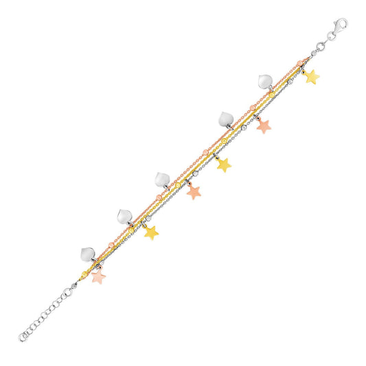 Sterling Silver 7 1/2 Inch Three Toned Bracelet With Polished Hearts And Stars