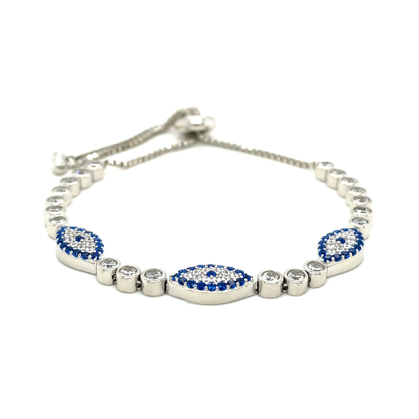 Sterling Silver Adjustable Enameled Evil Eye Bracelet With Cubic Zirconias