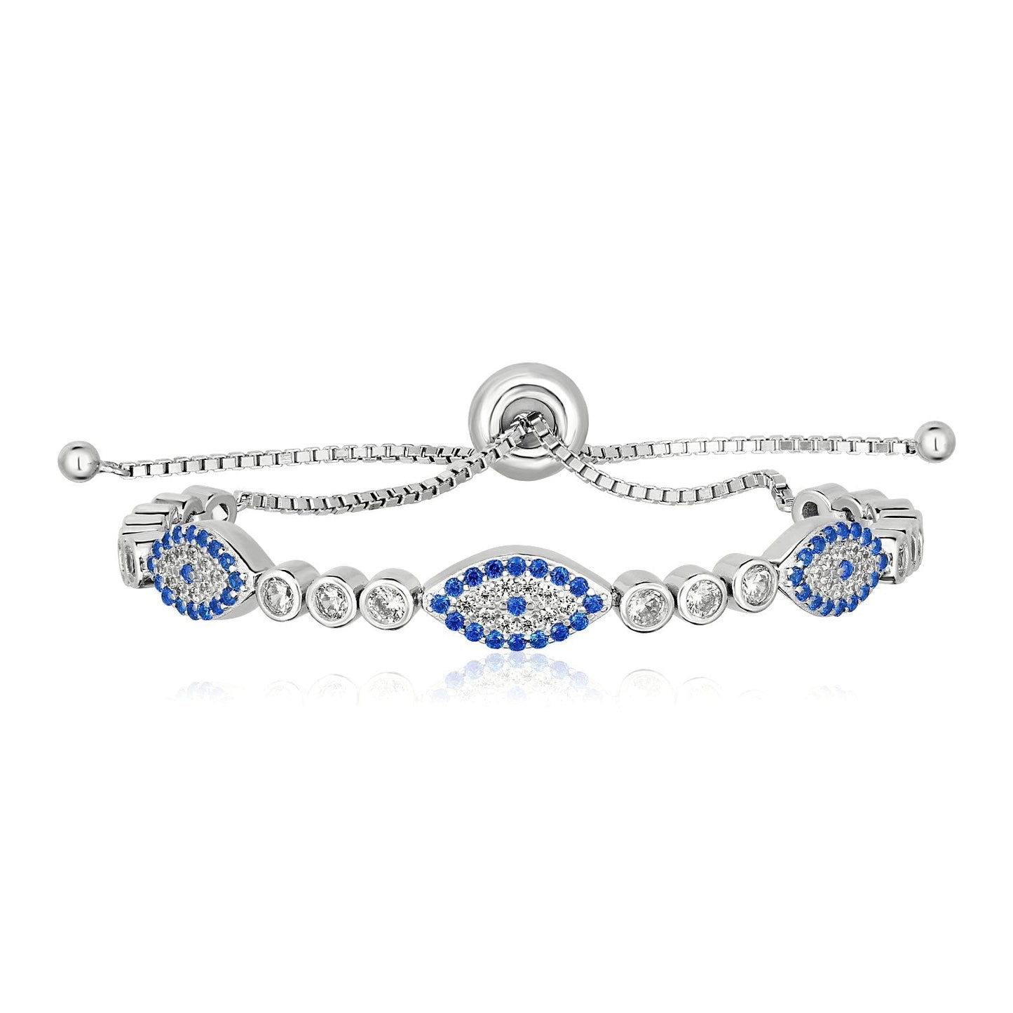 Sterling Silver Adjustable Enameled Evil Eye Bracelet With Cubic Zirconias