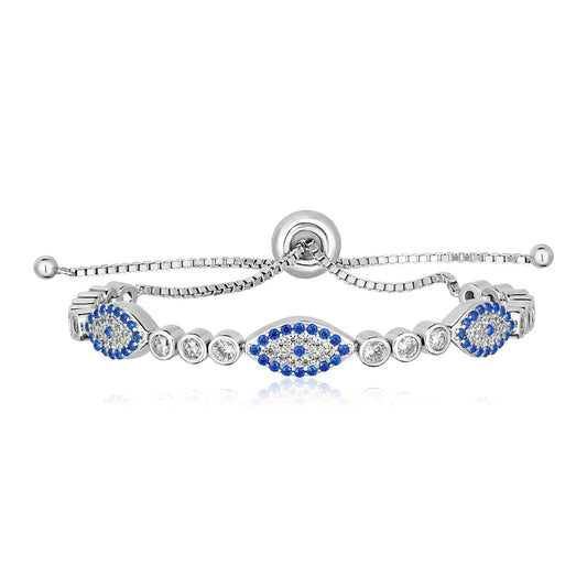 Sterling Silver Adjustable Enameled Evil Eye Bracelet With Cubic Zirconias