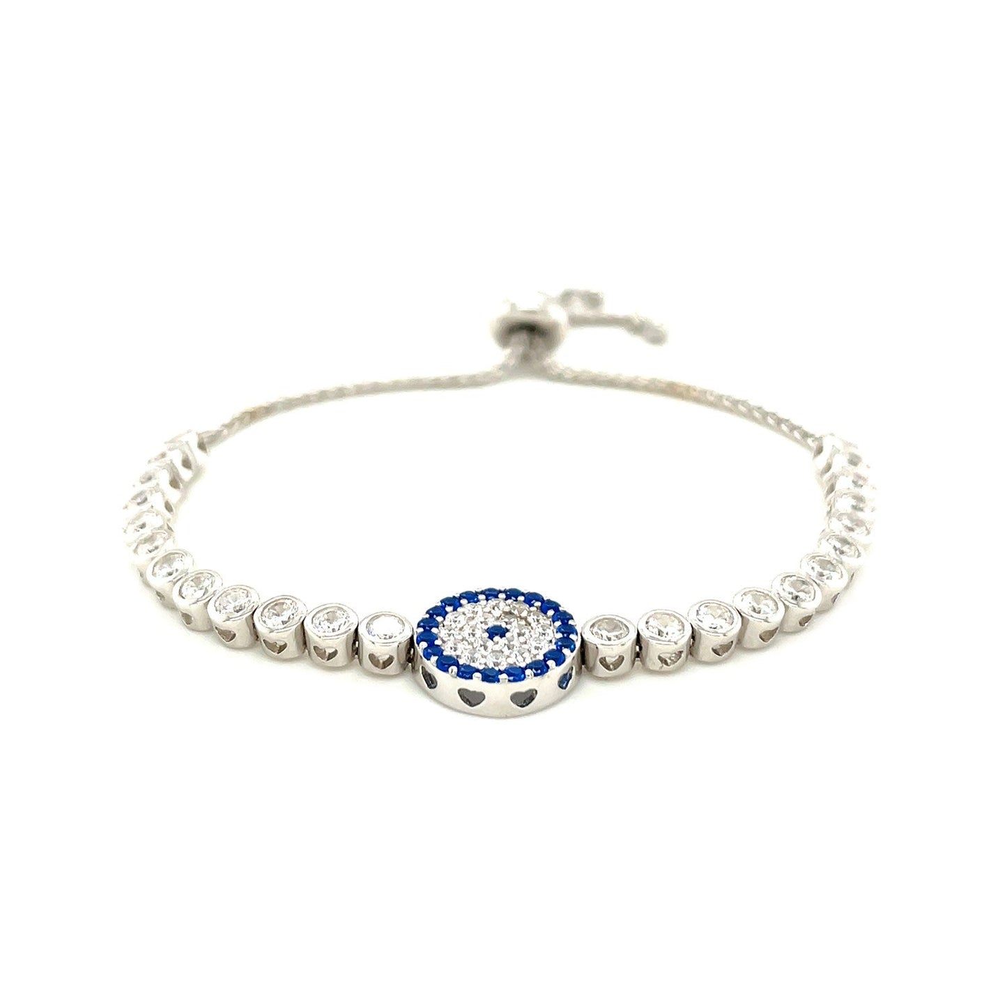 Sterling Silver Adjustable Enameled Eye Motif Bracelet With Cubic Zirconias