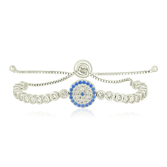 Sterling Silver Adjustable Enameled Eye Motif Bracelet With Cubic Zirconias